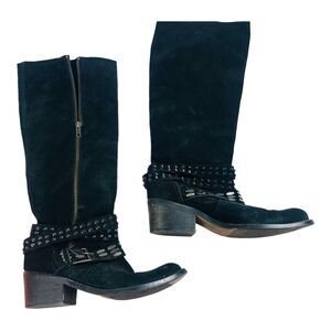 3676 MICHAEL SHANNON Women's Black Suede Knee High Studded Boots US 8 Edgy Chic